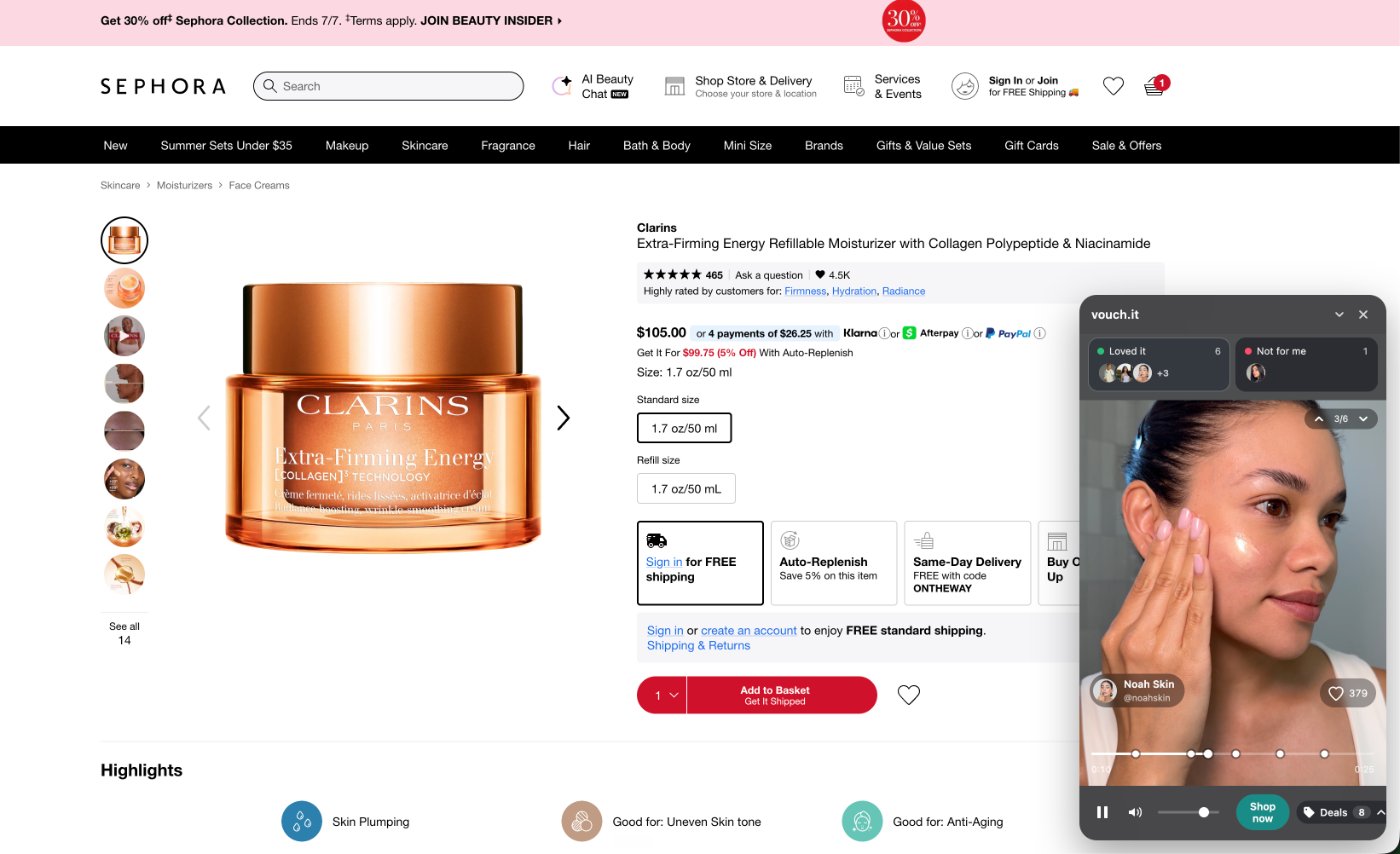 The Vouch panel live on a Sephora product page
